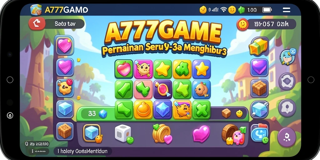 Screenshot gameplay A777GAME menampilkan berbagai item Match-3 yang menarik.