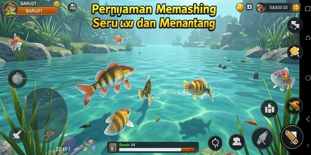 Screenshot utama BARU01 menunjukkan pemain sedang memancing di lokasi yang indah.