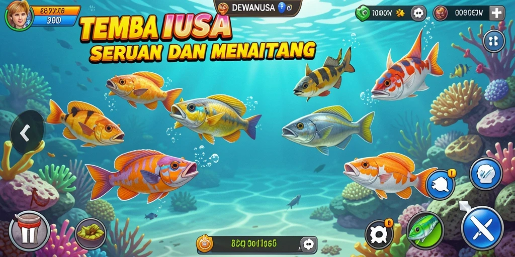 Tampilan gameplay seru dari DEWANUSA dengan banyak ikan untuk ditangkap.