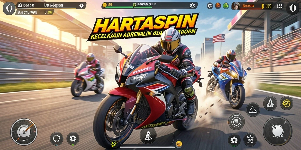 Gameplay HARTASPIN menampilkan aksi balapan motor yang mendebarkan.