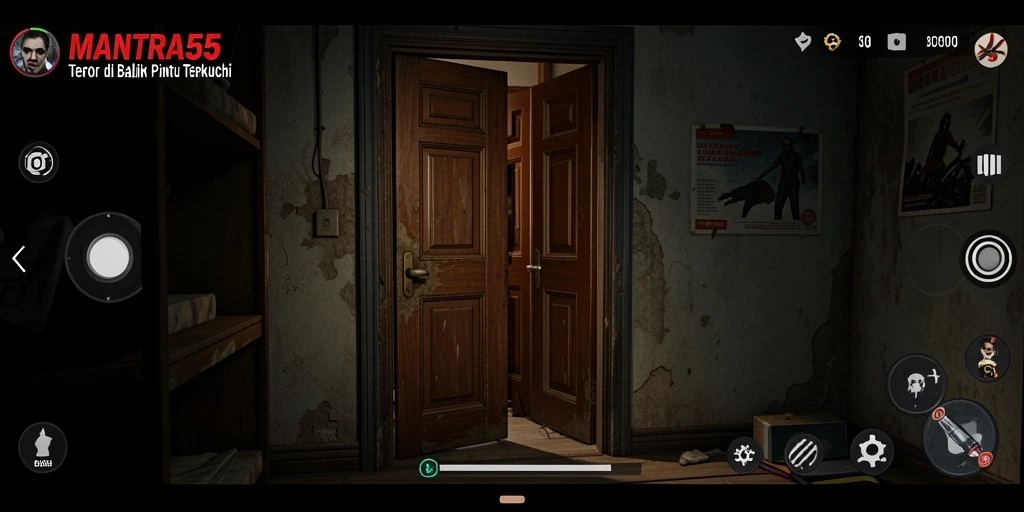 Screenshot gameplay <strong>MANTRA55</strong> menampilkan momen menegangkan di lingkungan yang mencekam.