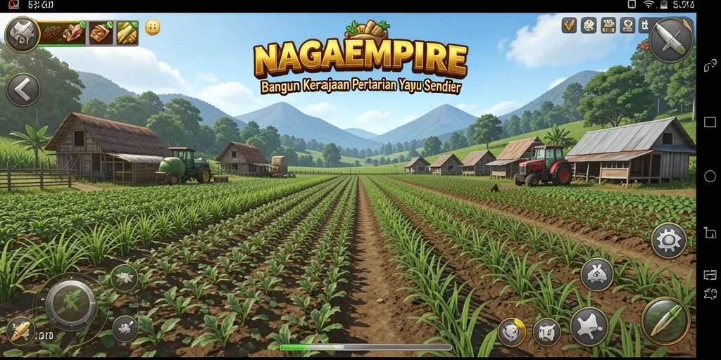 Tampilan gameplay NAGAEMPIRE dengan ladang luas dan hewan ternak.