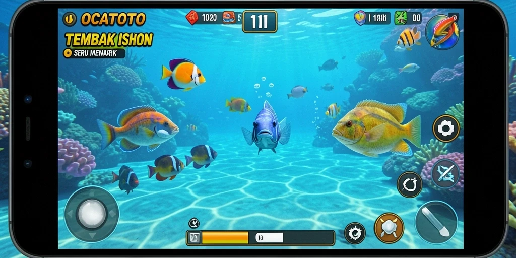 Screenshot gameplay OCATOTO menampilkan aksi menembak ikan yang seru.