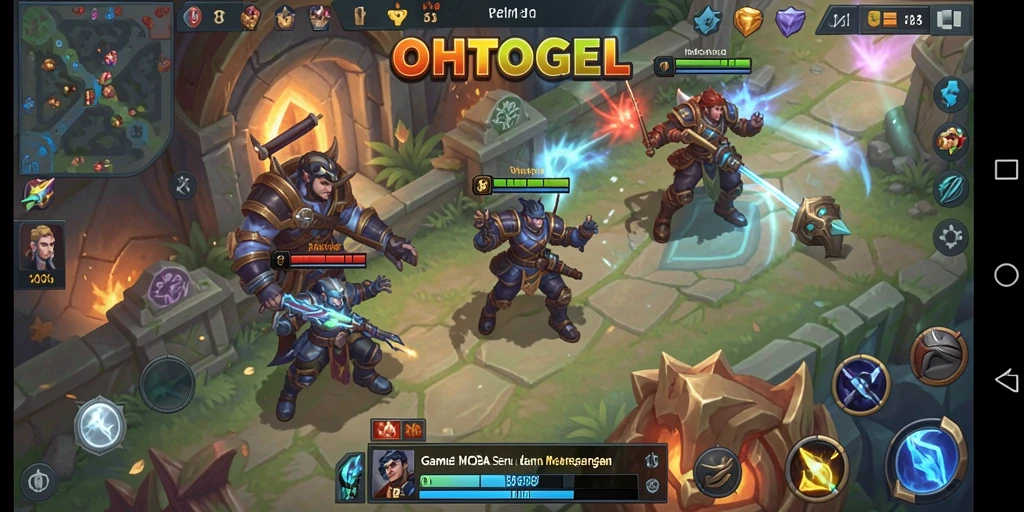 Tampilan utama gameplay OHTOGEL dengan karakter dan arena pertempuran.