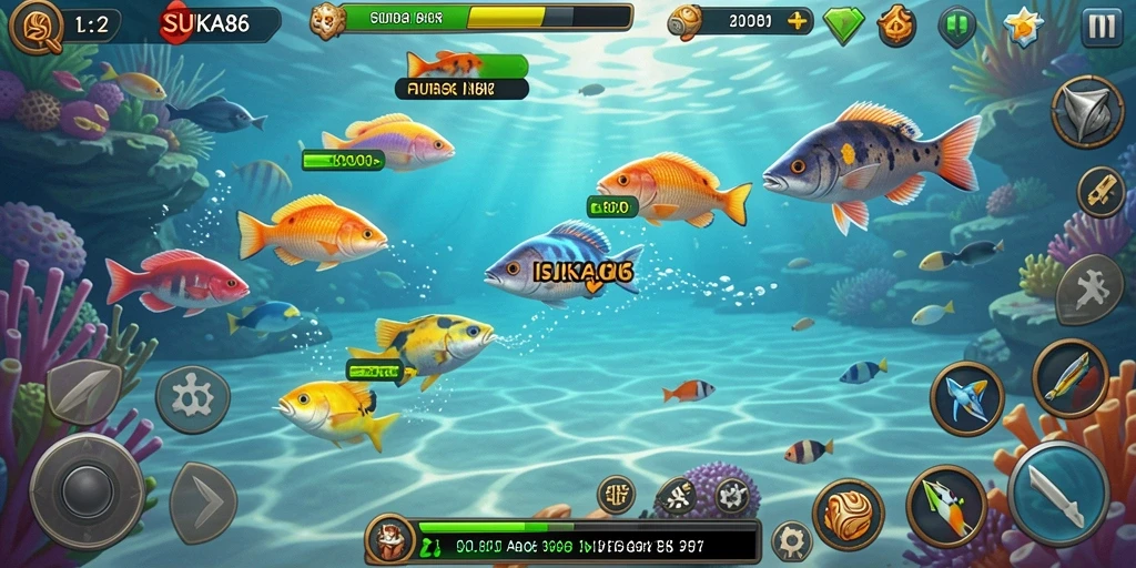 Tangkapan layar gameplay SUKA86 menampilkan berbagai ikan yang menunggu untuk ditangkap.